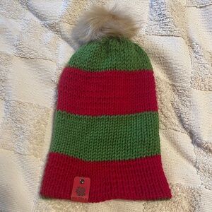 Handmade Green and Red Striped Beanie with Pom Pom